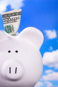 White Ceramic Piggy Bak with large Bill Stuffed in the Top